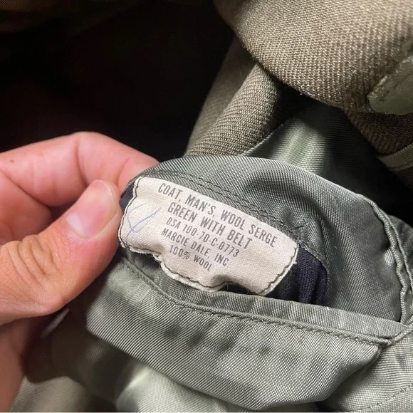 Vtg Military MAN'S WOOL SERGE GREEN Jacket WITH BELT Size 34 - Picture 8 of 10